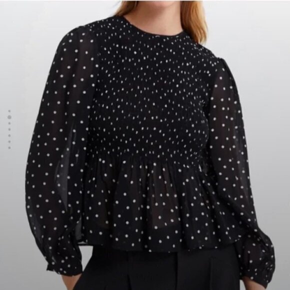 Zara Black and White Polka Dot Smocked Peplum Mesh Blouse Women’s Size Small - Picture 1 of 12
